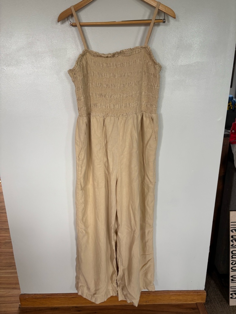 Universal Thread Jumpsuit Beige Tan Smocked Linen